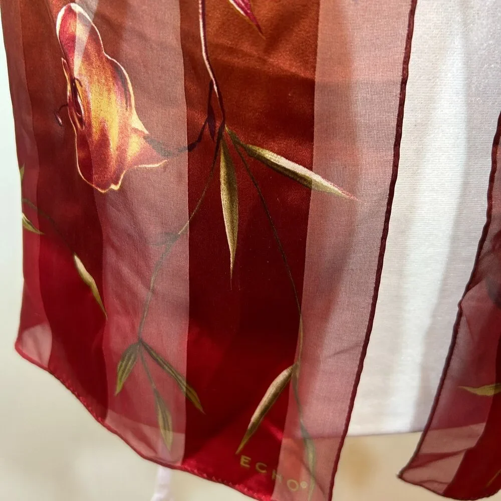 Echo 100% Silk Gold Red Ambre Floral Stripe Semi-Sheer Scarf 59x11 Artsy Preppy